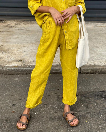 Alan™ | Katoen en linnen overhemd en broek met V-hals